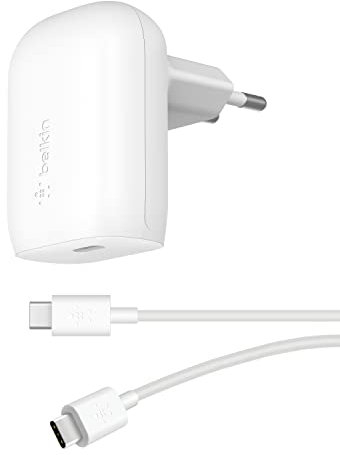 Belkin Cargador de Pared USB-C de 30 W con cable USB-C a USB-C, PPS, carga rápida PD 3.0 con certificación USB-IF para iPhone 16, 15, Samsung Galaxy S24, Pixel, iPad, AirPods, MacBook Air y otros