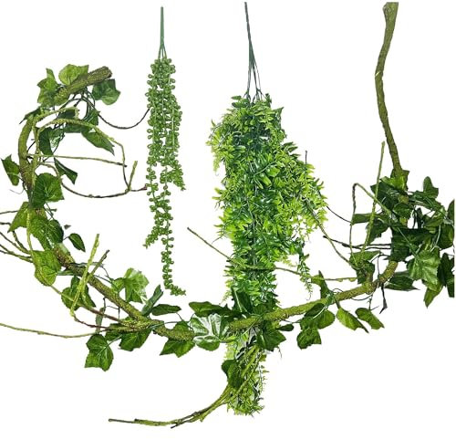 Allazone Bearded Dragon Tank Accessories, 4 PCS Reptile Plants Hanging Climbing, Artificial Bendable Vines Branch with Hanging Plant for Chameleon Geckos Snake