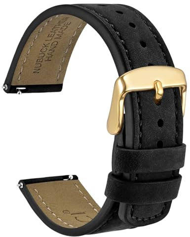 WOCCI 18mm Retro Leder Uhrenarmband für Herren und Damen, Ersatzarmband mit Goldene Schnalle (Schwarz)