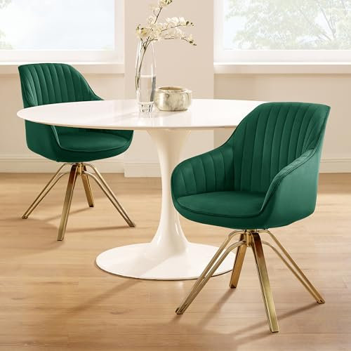 Zouron Chaise de Salle à Manger en Velours Lot De 2, Chaise de Bureau Pivotante avec Pieds Dorés, Fauteuil de Salon avec Accoudoirs et Siège Rembourré Épais, Vert Foncé