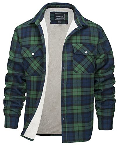 EKLENTSON Men's Cotton Sherpa Shirts Jacket Fleece Lined Flannel Shirts Button Down Jackets with 3 Pockets,Green,XL