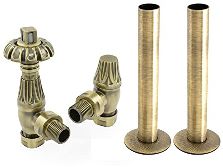 NRG Angled Central Heating Radiator Valve 15mm Thermostatic Lockshield Valves (Polished Antique Brass with 180mm Pipe)