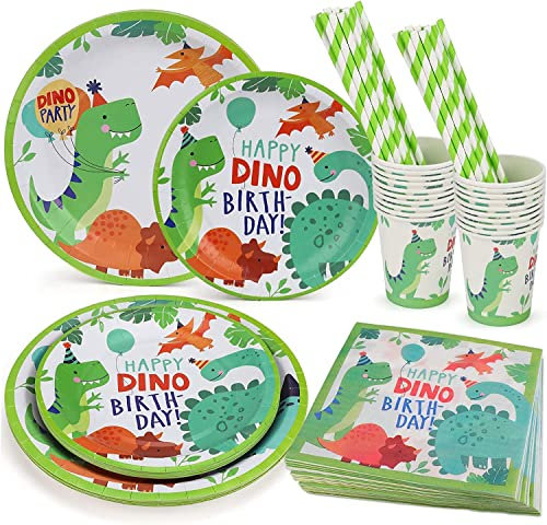 Funvalley Superfect Dinosaur Tableware Set - 120 Piece Party Pack with Plates, Cups and Napkins in Green Paper - Jungle Safari Decoration for Kids