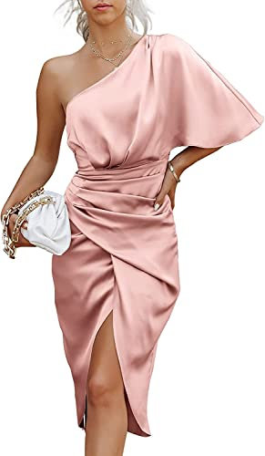 Vagbalena Élégante Robe de soirée asymétrique en Satin Robe plissée à Manches Courtes Robe Moulante Robe midi à Manches Courtes sans Bretelles Robe midi de Cocktail (Rose,M)
