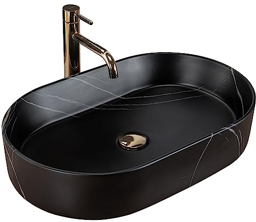 Rea Aufsatzwaschbecken Nadia Stone Black Matt Waschtisch Handwaschbecken Waschschale Waschbecken für Badezimmer aus hochwertiger Keramik 610 x 385 x 120 mm (schwarz matt)