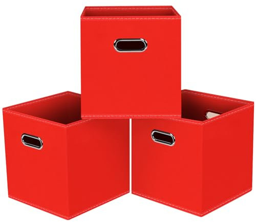 HEAYEEG Black Foldable Storage Cubes Bins, Fabric Storage Box Cubes Organizer Baskets with Dual Handles for Home Organizer,Set of 3,(Red)