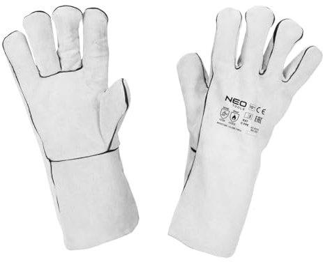 NEO TOOLS Long Comfort Schweißerhandschuhe aus Rindnarbenleder Arbeitshandschuhe auch fürs Grillen geeignet Sicherheitshandschuhe für Damen und Herren - Grau - Größe:10
