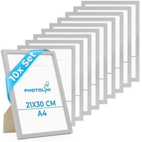 PHOTOLINI Marcos A4 21x30 cm plata madera MDF, set de 10 marcos para pósteres, cristal acrílico, para colgar y poner de pie, incluye accesorios - para fotos, láminas y pósteres