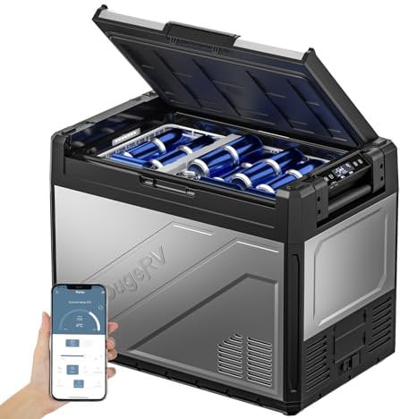 BougeRV Rocky 65L Kompressor Kühlbox Auto mit Gefrierfach Metallgehäuse APP-Steuerung, Abnehmbare Trennwand, Zweizonen-Temperaturregelung, Tragbarer Kühlschrank 12/24V 110-240V für Camping Reisen Boot