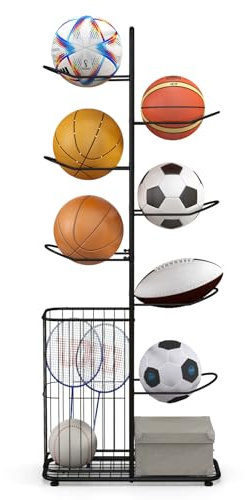 GYMAX Ball Storage Rack, Sports Equipment Organizer Display Rack with Basket and 7-Tier Detachable Stand, Vertical Basketball Rack Ball Holder for Volleyball Football Gear