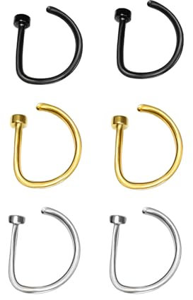 TJUSPIRIT 6 Stück Fake Nasenring Septum Nasenpiercing 20G 8mm Septumpiercing Piercingschmuck für Nasen Ohr Lippe Tragus Knorpel Helix, Edelstahl,(D shape, Gold/Silber/Schwarz)