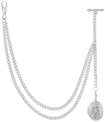 ManChDa Taschenuhr-Ketten für Herren – Taschenuhrkette mit Medaillon-Anhänger, Taschenuhr und Kette, Albert-Kette, Panzerkette, T-Bar-Kette, 2 Haken, antiker Fob, T-Bar für Herren Silber