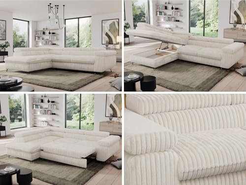 MKS MEBLE Cord Sofa L, Wohnlandschaft L-Form mit Schlaffunktion und Bettkasten, Schlafsofa mit Bettkasten, Ecksofa, Sofa mit Einstellbare Kopfstützen, Pedro L - Beige Cord - Links