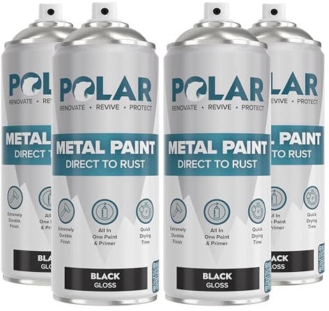 Polar Direct to Rust Gloss Black Metal Spray Paint - 4 x 400ml - Perfect for Metal, Wood, Furniture, Rust - Outdoor & Indoor Surfaces - Easy to Apply - 3 in 1 Primer, Undercoat & Topcoat