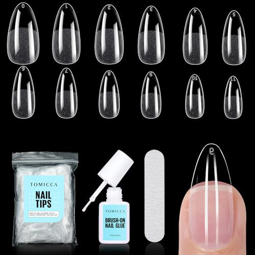 TOMICCA Kit Capsule Americaine Ongle avec Colle, 240 Pièces Amande Moyenne Capsules Ongles & 7g Colle Faux Ongles, Qualité Professionnelle en Salon, 12 Tailles