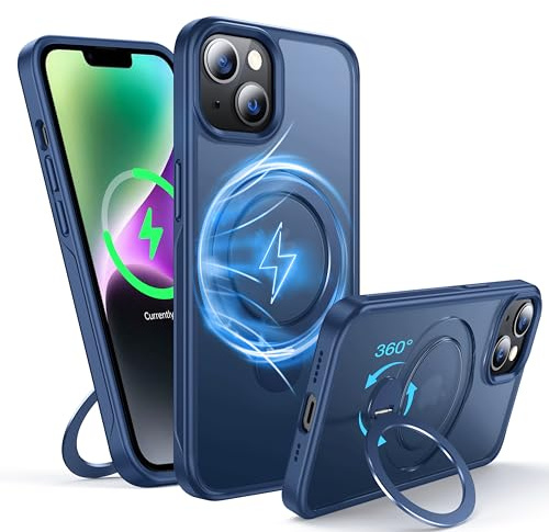 FNDMIL 360°Drehbarer Magnetisch für iPhone 13/14 Hülle mit MagSafe | [Rutschfester Textur][Unsichtbarer Ständer][Militär Schutz] Translucent Matt Hardcase mit Silikon für iPhone 13/14 Case,Blau