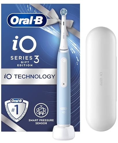 Oral-B iO 3 Ice Blue Electric Toothbrush, 1 Toothbrush Head, 1 Travel Case, Designed by Braun