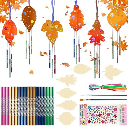 DOWNDRIFT 12 Stück Herbst Windspiel Bastelset Kinder Holz Herbst Blatt HolzBlatt Windspiele zum Bemalen DIY Blätterwindspiele Holz Herbstbastelei mit Diamant Aufkleber für Herbstdeko Bastelhandwerk