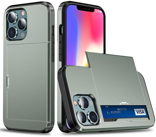 Beajew Coque Portefeuille pour iPhone 13 Pro Max avec Porte-Cartes, Étui de Protection Téléphone Double Couche Antichoc, Fente Cachée Coulissante, Antichoc TPU+PC Housse Portefeuille -Vert Militaire