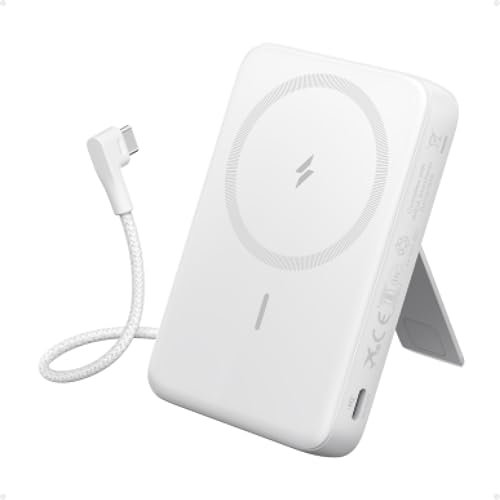 Anker Zolo Power Bank Magnético, Cargador Portátil Inalámbrico de 10.000 mAh con Carga Rápida Máxima de 30 W, Batería con Cable USB-C Integrado y Soporte Ajustable, para iPhone 15/14 Series, AirPods