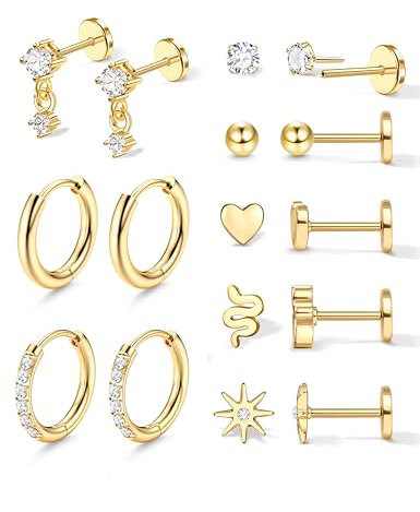 Adramata 8 Paar Gold Ohrringe Damen Set - Chirurgenstahl Huggie Hoop Creolen Silber, Hypoallergene Knorpel Stecker, Conch Helix Tragus Piercing Ohr Schmuck