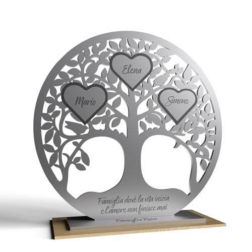 Albero della Vita Circolare Famiglia in Plexiglass Personalizzato con Nomi e Frase - Idea Regalo Natale - Compleanno - Anniversario (Plexiglass Specchio Argento)