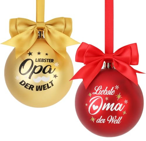 DPKOW 2 x Oma Opa Weihnachtskugeln Geschenke, Liebster Opa Liebste Oma der Welt Weihnachtskugeln aus Kunststoff, Enkelkinder Geschenke für Oma und Opa Christbaumkugel, Rot Gold 80 mm Bruchsicher