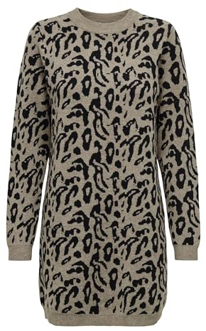 ONLY Damen kurzes Strickkleid Langarm-Winterkleid mit Animalprint Rundhals ONLJenni