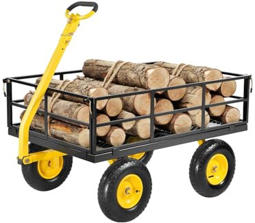 VEVOR Chariot de Jardin Transport, Charge 544,31 kg, Chariot Utilitaire Robuste Tractable Extérieur Métal 2 en 1 Pneus Tout-terrain 330 mm, Côtés Amovibles en Maille, Poignée Rotative 180°, Jaune Noir