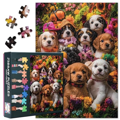 Cute Puppies Jigsaw Puzzles 1000 Pieces Impossible Challenge Puppy Jigsaw Puzzle for Adults Dogs and Colorful Flowers and Pumpkin Puzzles as Gift for Family Friends 27.5X19.7