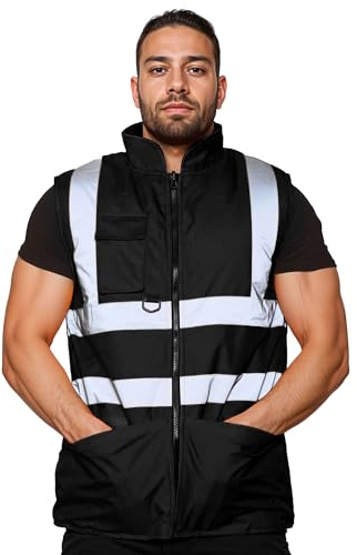 GUBA Mens Hi Vis Body Warmer, High Visibility Fleece Lined Reversible Waterproof Workwear Safety Security Warm Gilet Waistcoat Bodywarmer Sleeveless Jacket (Black, L)