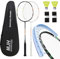 MANJHONG Badminton Set mit 2 Graphit Schläger - Kratzfestes Design - Federball Set für Erwachsene Incl. Federbälle, Griffbänder & Schlägertasche (Schwarz+Weiss)