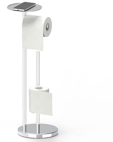 YUET Freestanding Toilet Roll Holders Free Standing Folding Paper Holder Stand Storage Stainless Steel Bathroom, Anti Rust Pedestal Free-Standing Dispenser Holds 5 With Shelf (Silver)