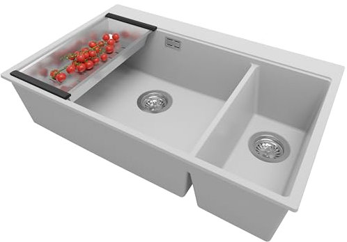 PRIMAGRAN Fregadero Cocina Gris 78x50cm, Granito 2 Senos + Sifón, Sobre encimera al mueble 80cm - Oslo Duo S060