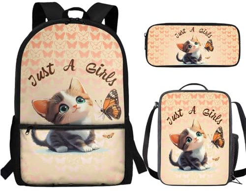 Jndtueit Cat Orange Butterfly Little Girls Boys School Backpack Set 3 in 1 Schoolbag Diaper Lunch Bag Casual Daypack Rucksack Pen Case for Kids