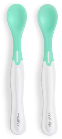 MAÏKA Lot de 2 cuillères bébé thermosensibles | 4 mois et plus | 16 cm | manche souple | change de couleur selon température | vertes et blanches