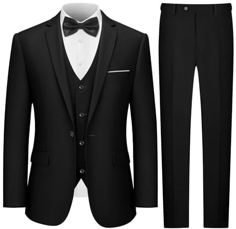 LUPURTY Men's One Button 3-Piece Suits Slim Fit Tuxedo Set with Blazer Jacket Vest & Pants for Wedding Prom Business,Black M