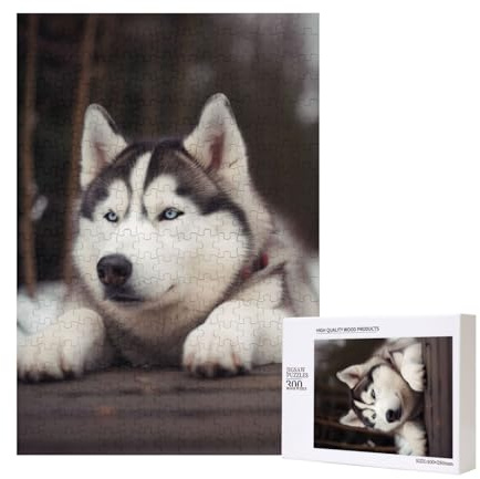 Niedlicher Husky-Hund, gedrucktes Puzzle mit Aufbewahrungsbox, Holzpuzzle für Erwachsene und Kinder, 300 Teile Familienspaß, dekoratives Spiel