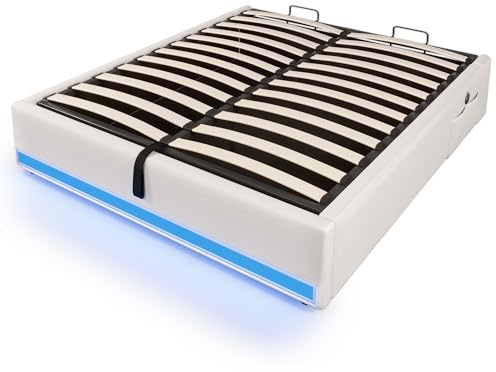 SOFTWEARY Futonbett mit LED-Beleuchtung, Aufbewahrung und Mehrfachsteckdose, Doppelbett, Stauraumbett ohne Kopfteil, Leinen (beige, 140x200 cm)