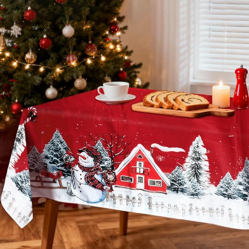 ZoneYan Tischdecke Weihnachten Rot, 140 x180 cm Schneemann Weihnachtstischdecke, Weihnachts Tischdeckes Abwaschbar, Tischdeckes für Tischdekoration Drinnen Winter Urlaub Party Dekor