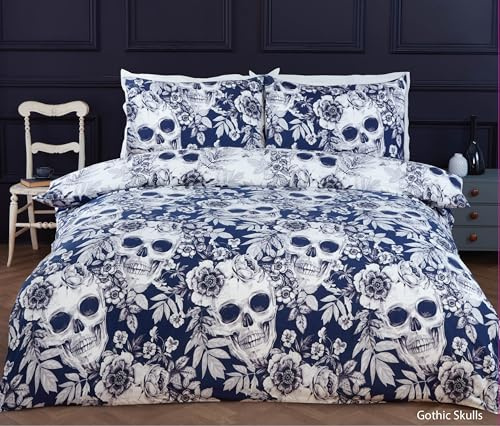 Rapport Home Gothic Floral Skull Duvet Cover Set, Reversible - King Navy