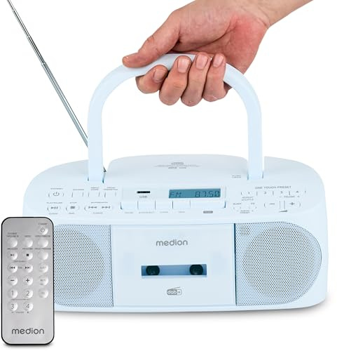 MEDION DRX-1 Plus Boombox (tragbares DAB+ UKW Radio, Bluetooth, CD-Player, MP3, Kassette, Kopfhöreranschluss, Stereo Sound System, AUX, Netz & Batterie) blau
