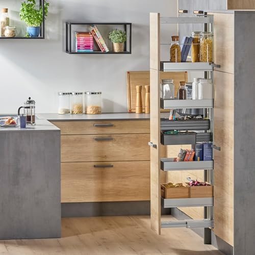 SOTECH Dispensa-X Apothekerauszug Silbergrau 400 mm Tragkraft 100 kg | 1200-1600 mm SoftstopPlus Clickfixx und 4 ARENA Pure Einhängetablare mit dunkelgrauem Boden für breite Schränke Kesseböhmer