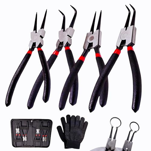 LZLINYJLONG 4-Piece Snap Ring Pliers Set, 7 Internal External Circlip Pliers, Straight & 90 Degree, 45# Steel 5/64 Tips for Bearing Transmission Motorcycle Automotive Retaining Ring Removal