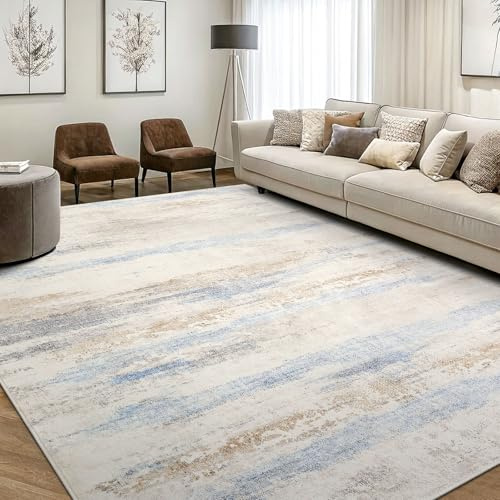 smiry Moderner Abstrakter Teppich Wohnzimmer, 160x220cm, Blau & Beige | Waschbar Anti-Rutsch Kunstwolle Kurzflor Teppich für Wohnzimmer, Schlafzimmer, Esszimmer