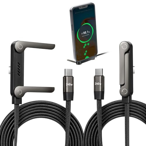 Hyunlai 2pcs Câbles de Charge Rapide 240W avec Support Invisible pour Téléphone Portable, 2-en-1 latéral Cable Chargeur USB-C Tressé pour iPhone et Tablettes