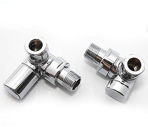 Round Corner Angled Chrome Valve Set - Heated Towel Rail / Radiator Block Valves (Pair of) and lockshield, with Round handles and QUALITY chrome finish