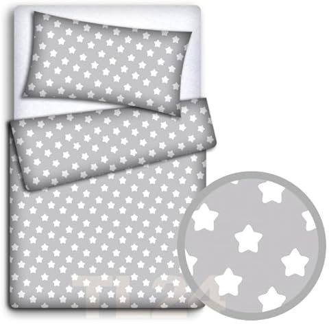 Babymam BABY BEDDING SET PILLOWCASE + DUVET COVER 2PC TO FIT JUNIOR BED (Big white stars on grey background)