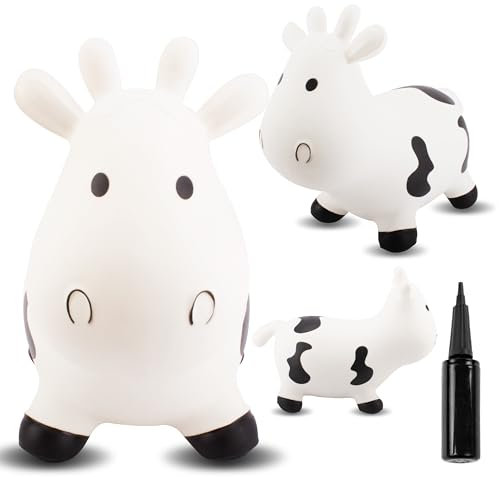 sun baby Animal Sauteur Gonflable, Jouet Enfant 1 an pour l'intérieur et l'extérieur, Design Ergonomique, Pompe Manuelle Incluse (Vache Noire et Blanche)
