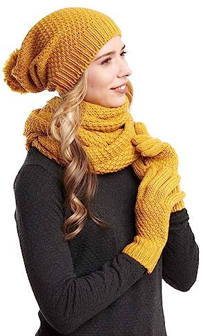 Hilltop Winter Kombi Set aus Winter Schal, passender Strickmütze und Handschuhe, 3-tlg., Farbe:Curry mit Handschuhen